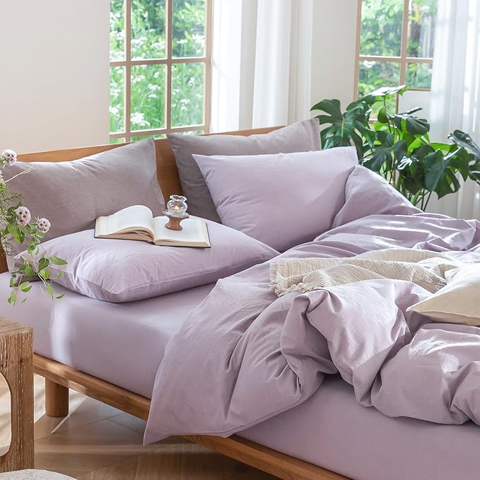 MooMee Bedding Duvet Cover Set 100% Washed Cotton Linen Like Textured Breathable Durable Soft Comfy (Heathered Light Purple, Full 80"x90")