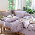 MooMee Bedding Duvet Cover Set 100% Washed Cotton Linen Like Textured Breathable Durable Soft Comfy (Heathered Light Purple, Full 80"x90")