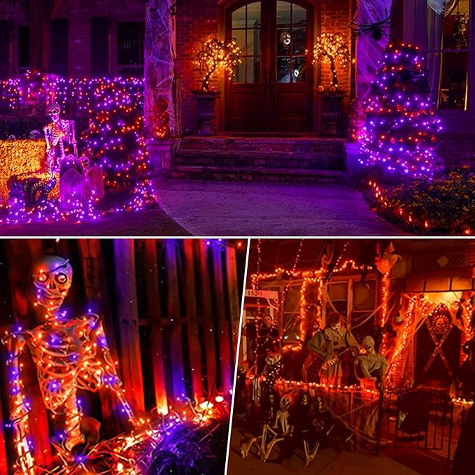 66Ft 200LED Orange and Purple Christmas Halloween Lights Plug in,Waterproof Halloween String Light,8 Modes Indoor Outdoor for Tree Party Bedroom Garden Decor (Clear Wire)