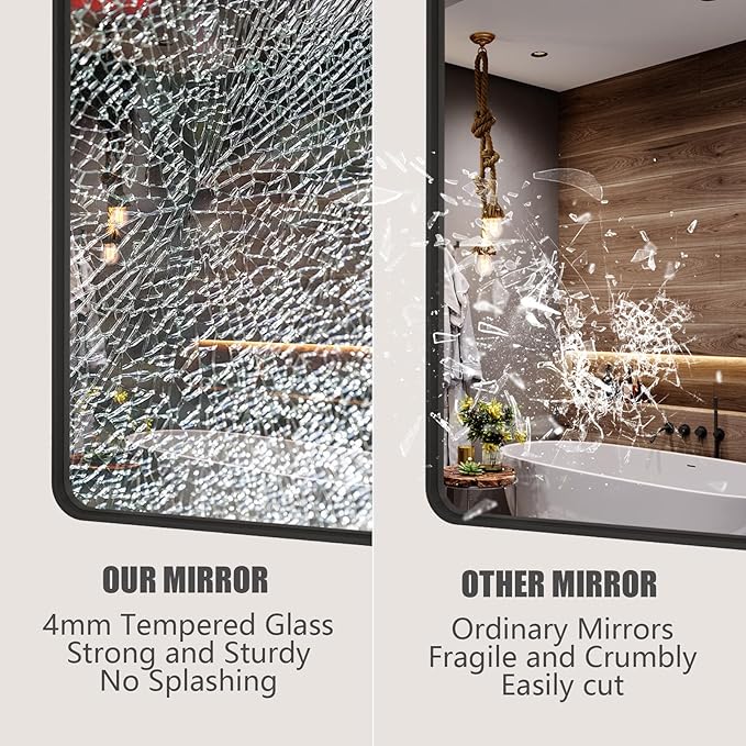 44x30 Inch Black Metal Framed Bathrrom Mirror for Wall, Black Rounded Rectangle Mirror, Matte Black Bathroom Vanity Mirror, Anti-Rust, Tempered Glass, Hangs Horizontally or Vertically