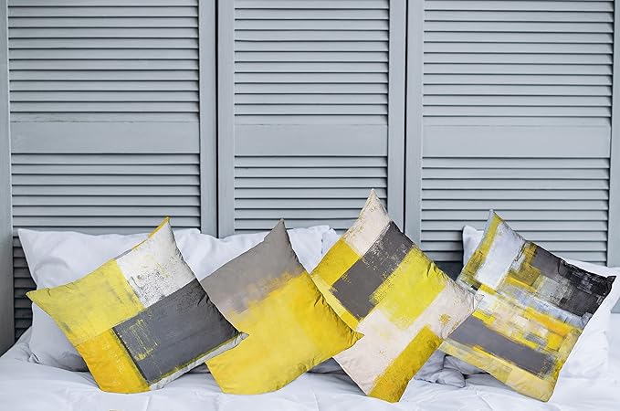 Ambesonne Modern Throw Pillow Cushion Case Pack of 4, Abstract Grunge Themed Geometric Squares with Paintbrush Stroke Effect Ornament, Modern Accent Double-Sided Digital Printing, 16", Yellow Grey