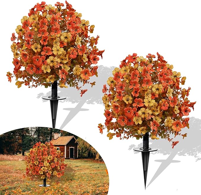 Artificial Topiary Bushes for Outdoors with Spike, Boxwood Ball Fake Shrubs UV Resistant Faux Plants for Indoor Outdoor Fall Thanksgiving Halloween Decor (Orange)