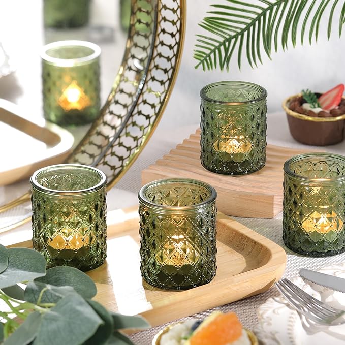 36 Pcs Green Votive Candle Holders, Green Tea Light Holders for Wedding and Dining Holiday Table Decor, Glass Candle Holders for Christmas Home Decoration, Vintage Parties and Gifts