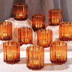 Glass Amber Votive Candle Holder, Ribbed Votive Candle Holders Set of 12, Tealight Candle Holder for Wedding Centerpieces Dinner Party Table Decor