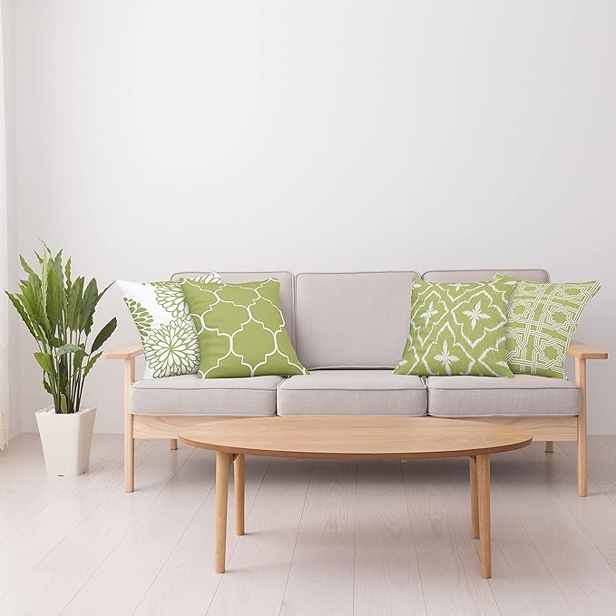 Ambesonne Vintage Throw Pillow Cushion Case Pack of 4, Monochrome Design Grid Trellis Quatrefoil Mesh and Dahlia Flowers Modern, Modern Accent Double-Sided Digital Printing, 24", Olive Green