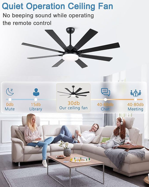 62 Inch Ceiling Fans with Lights,Large Modern Ceiling fan with Remote and 8 Wooden Blades,Dimmable,6 Speeds,Noiseless Reversible Indoor&Outdoor Fan for Bedroom,Patio,Living Room