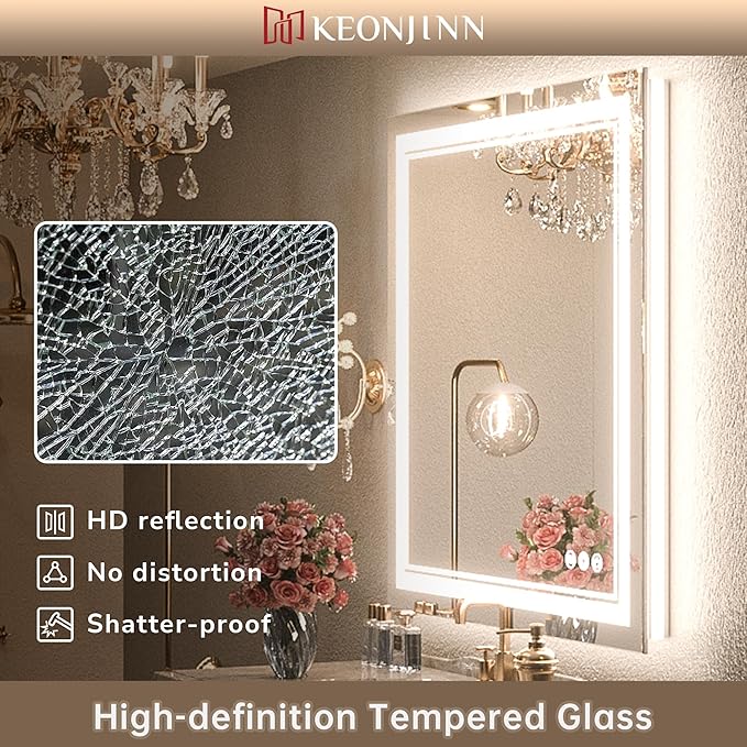 Keonjinn LED Bathroom Mirror 60" x 40" with Frontlit and Backlight, Tempered Glass Stepless 3 Colors Temperature & Dimmable Vanity Mirror, UL Listed LED Driver, Double Lights Anti-Fog Wall Mirror