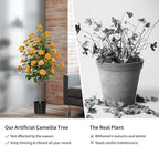 Artificial Camellia Tree 2 Pack, Artificial Plants Outdoor Faux Floral Plant in Cement Pot Fake Silk Camellia Tree Plants for Home House Living Room Office Decor