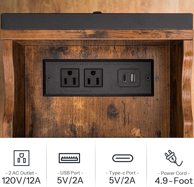 HOOBRO End Table with Charging Station, Narrow Side Table, Flip Top Nightstand with USB Ports and Outlets, Bedside Tables with Shelf for Small Spaces, Living Room, Rustic Brown BF341BZ01
