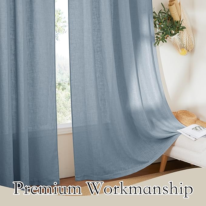 RYB HOME Semi Sheer Linen Curtains 108 inches Long, Light Filtering Airy Machine Washable Durable Vintage Window Decor for Living Room Bedroom Nursery, Dusty Blue, W 60 x L 108, 1 Pc