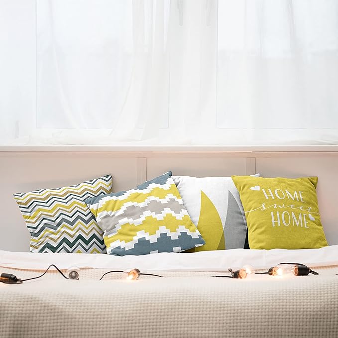 Ambesonne Modern Throw Pillow Cushion Case Pack of 4, Geometric Style Pattern of Triangles Zigzags Love Home Phrase Print, Modern Accent Double-Sided Digital Printing, 24", Yellow Slate Blue and Tan