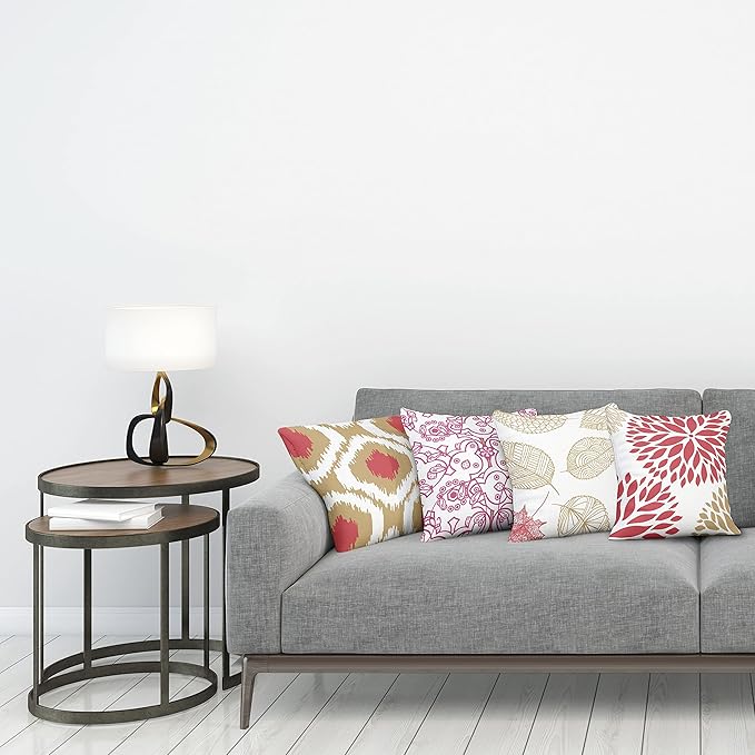 Ambesonne Vintage Throw Pillow Cushion Case Pack of 4, Bohemian Ornamental Leaves Dahlia Pattern Geometric Art Curlicue Motif, Modern Accent Double-Sided Digital Printing, 20", Dark Pink and Camel