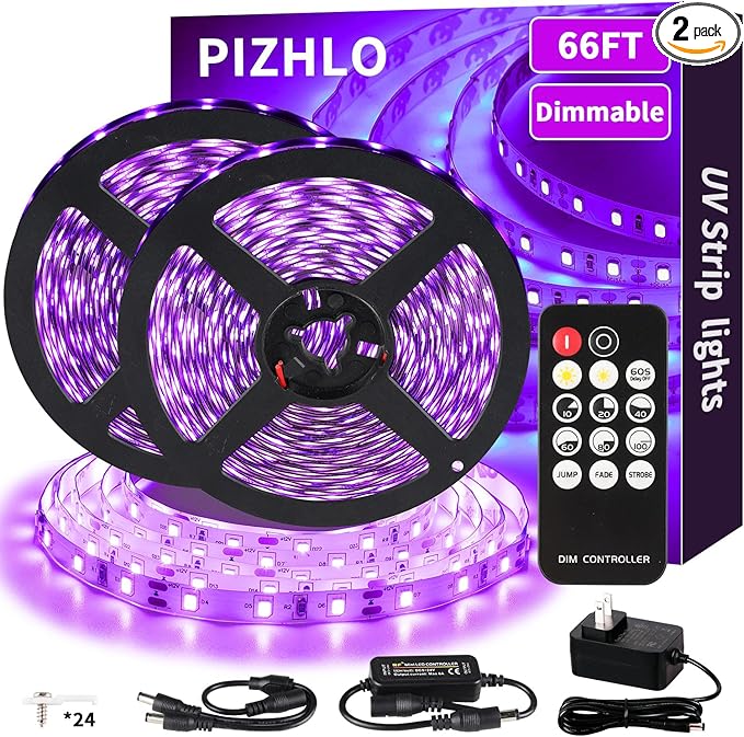 66 Foot Black Light Strips & Remote, Dimmable Flexible Blackights Strip Lights for Glow Party Body Paint Birthday Bedroom Room Fluorescent Tapestry Poster, Non-Waterproof 1200 LEDs 66ft/20M