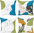 Ambesonne Minimal Throw Pillow Cushion Case Pack of 4, Modern Line Art Woman Portrait with Contemporary Leafy Geometric Details, Modern Accent Double-Sided Digital Printing, 20", Blue Green Marigold