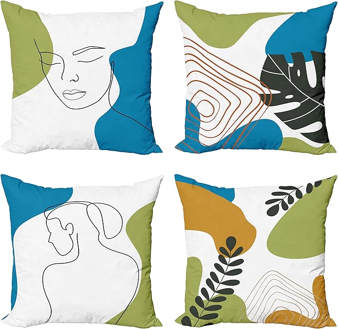 Ambesonne Minimal Throw Pillow Cushion Case Pack of 4, Modern Line Art Woman Portrait with Contemporary Leafy Geometric Details, Modern Accent Double-Sided Digital Printing, 20", Blue Green Marigold
