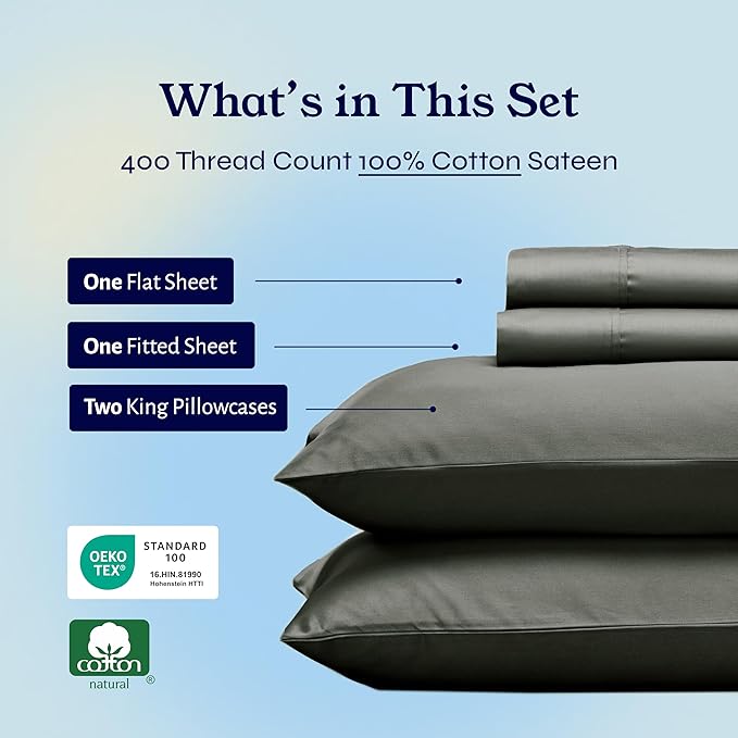 California Design Den California King Sheet Sets - Soft 100% Cotton Sheets, Soft Sateen Weave, Deep Pockets, Cooling and Durable Bedding Set - Grey