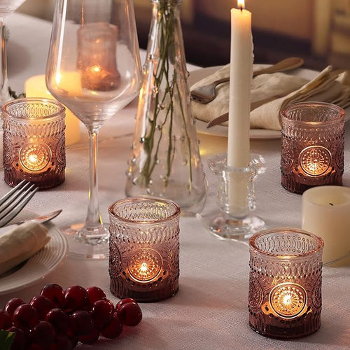 12pcs Purple Votive Candle Holder, Glass Tea Lights Candle Holders for Wedding Table Centerpieces, Birthday Parties and Home Decor