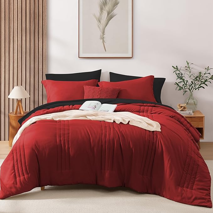 Monbix King Size Comforter Set - 7 Pieces Bed in a Bag King, Bright Red Bedding Sets with Comforter, All Seasons Down Alternative Comforter Bed Set with Sheets, Pillowcases & Shams