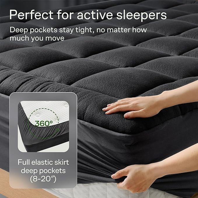Ultra Soft Queen Size Mattress Topper - Viscose Made from Bamboo Pillow Top Mattress Pad for Back Pain Relief - Naturally Cooling for Hot Sleepers, Black