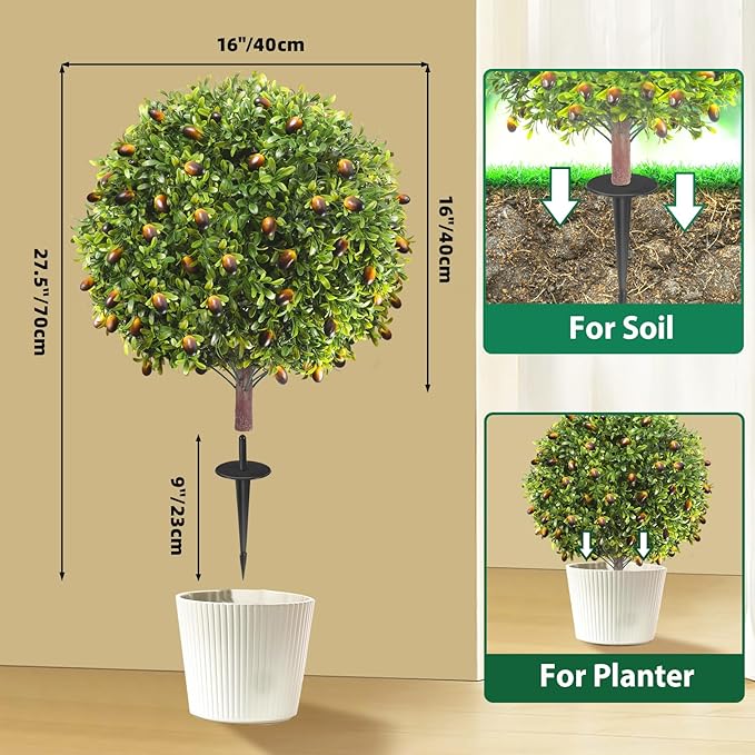 27.5" Artificial Olive Boxwood Topiary Ball Tree, Set of 2 Fake Bushes Shrubs with Ground Spike, UV Resistant Faux Evergreen Boxwood Plants for Outdoor Indoor Planters Front Porch Garden Decor