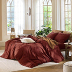 MooMee Bedding Duvet Cover Set 100% Washed Cotton Linen Like Textured Breathable Durable Soft Comfy (Solid Fired Brick Red, Full 80"x90")
