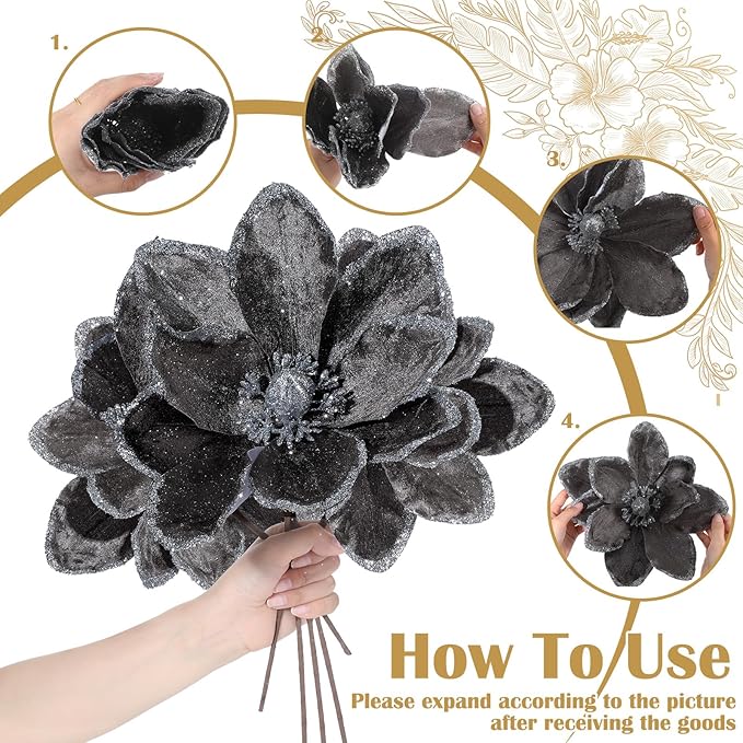 8 Pcs Large Christmas Flower Magnolia Flowers Christmas Tree Decoration Artificial Poinsettia Stems Velvet Xmas Ornaments for Xmas Tree Table Decor(Gery,12 Inch)