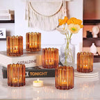 Glass Amber Votive Candle Holder, Ribbed Votive Candle Holders Set of 12, Tealight Candle Holder for Wedding Centerpieces Dinner Party Table Decor