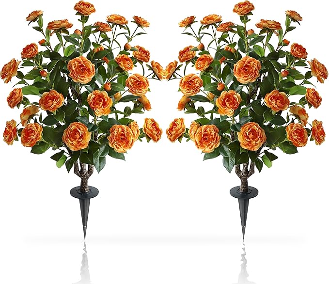 36" Artificial Camellia Tree, 2 Pack Soil Insertion w/Spike,30 Blooming Flowers Plants,Faux Floral Plant Blooming Tree in Cement Pot, Greenery Potted Plant for Indoor Outdoor Office Home Porch Decor