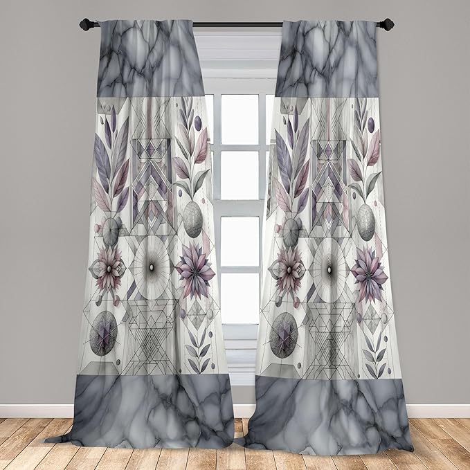 Ambesonne Geometric Floral Window Curtains, Classic Marble Print Ornate Leafy Flowers and Futurist Stripes, Lightweight Decor 2-Panel Set with Rod Pocket, Pair of - 28" x 95", Ceil Blue Laurel Green