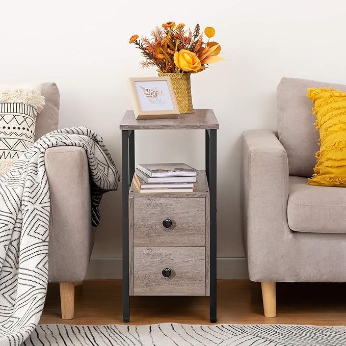 HOOBRO End Table, Narrow Chairside Table with Drawer and Open Storage Shelf, Nightstand for Small Spaces, Stable and Sturdy Construction, Wooden Look Accent Furniture, Greige and Black BG548BZ01G2