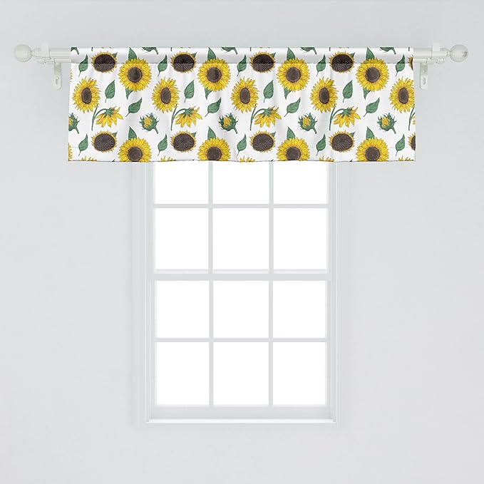 Ambesonne Sunflower Window Valance, Agricultural Pattern Botanical Inspiration Hand-Drawn Flowers, Curtain Valance for Kitchen Bedroom Decor with Rod Pocket, 42" x 18", Reseda Green Dark Brown