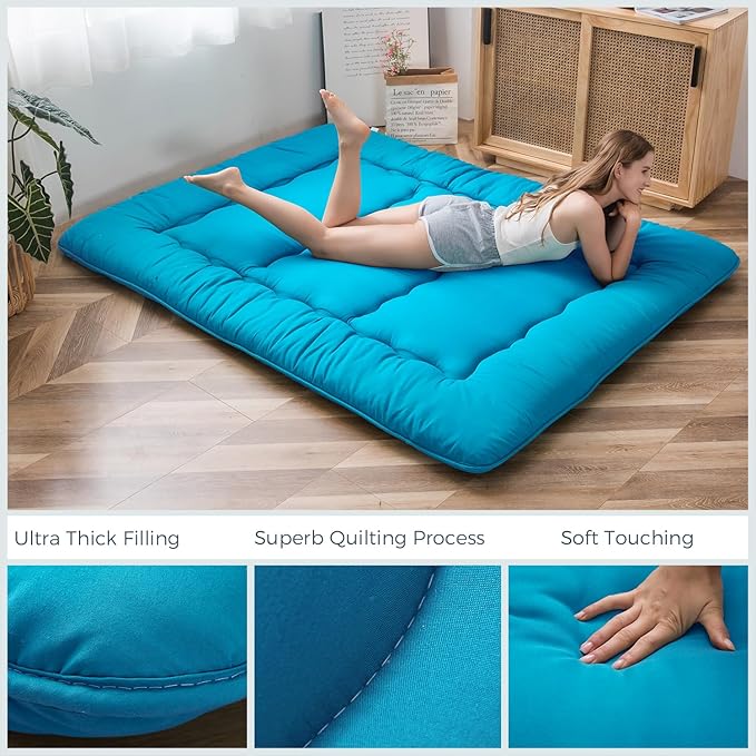 MAXYOYO Japanese Floor Mattress Futon Mattress, Thicken Tatami Mat Sleeping Pad Foldable Roll Up Mattress Boys Girls Dormitory Mattress Pad Kids Floor Lounger Bed Couches and Sofas, Turquoise, King