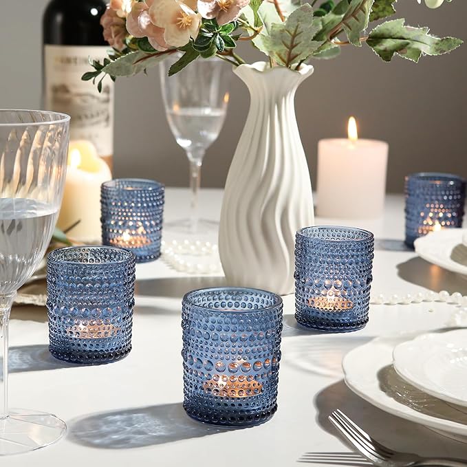 48 Pack Votive Candle Holders for Wedding, 2x2.5in Blue Vintage Glass Tea Light Candle Holders for Baby Shower, Tealight Candle Holder Decor for Home Table Centerpieces