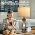 Qimh Farmhouse Table Lamps for Living Room, Rustic Nightstand Lamp for Bedroom with USB A+C Charging Ports, Frosted Glass Bedside Lamp with Night Light for Entryway End Table, 4 Bulbs Included, Bronze