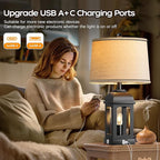 QiMH Table Lamp for Living Room, Farmhouse Lamps with USB A+C and Nightlight, 26" Rustic Bedside Lamps with 3-Way Dimmable Touch Control, Nightstand Lamp for Bedroom, Black, 1 Pack