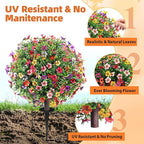 27.5" Artificial Boxwood Topiary Ball Trees with Colorful Flowers, Set of 2 Fake Shrubs Bushes with Ground Spike, UV Resistant Faux Evergreen Plants for Outdoor Planters Front Porch Garden Decor