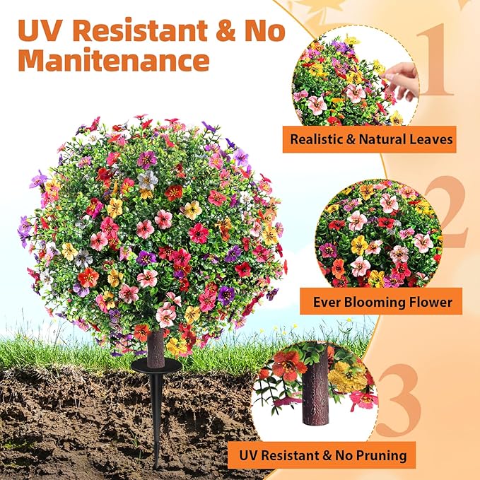 27.5" Artificial Boxwood Topiary Ball Trees with Colorful Flowers, Set of 2 Fake Shrubs Bushes with Ground Spike, UV Resistant Faux Evergreen Plants for Outdoor Planters Front Porch Garden Decor