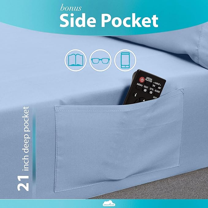 DREAMCARE Sheets Full Size Bed - Cooling Bed Sheets - 6pcs Set - Full Sheet Set - Full Size Sheets - Full Size Sheet Sets Soft & Long Lasting 100% Fine Brushed Polyester with Side Pocket - Light Blue