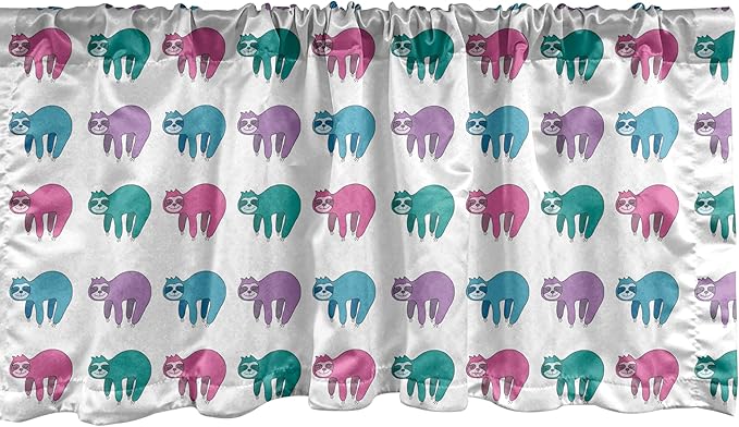 Ambesonne Funny Sloth Window Valance Pack of 2, Colorful Art Repeating Lazy Animal on Plain Backdrop, Rod Pocket Curtain Valances for Kitchen Bedroom, 42" X 18", Dark Seafoam Pink