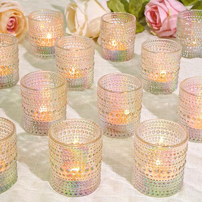 24 Pcs Votive Candle Holders, Iridescent Glass Holders Bulk for Table Centerpiece, Tea Lights Candle Holders for Wedding Shower, Party and Home Decor