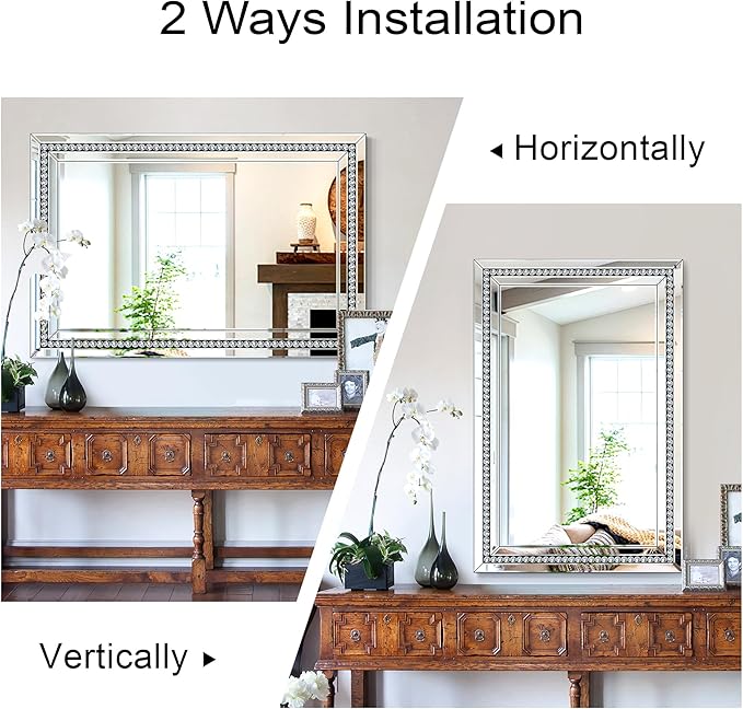 32" X 47" Large Wall Mirror for Decor Living Room, Rectangular Crystal Mirror with Glass Tiles Frame, Unique Horizontally/Vertically Hang for Living Room, Bathroom, Entrance Decor
