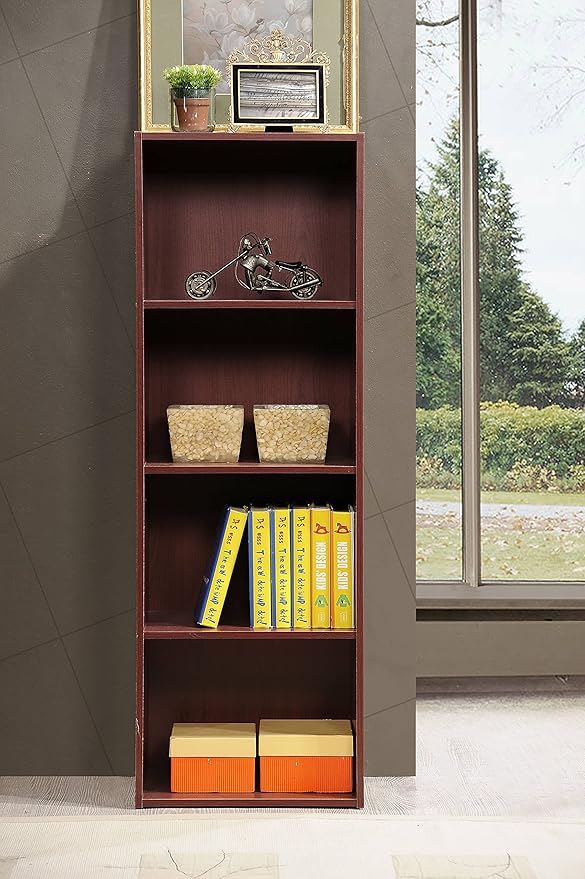 HODEDAH IMPORT 4-Shelf Bookcase Cabinet, Mahogany
