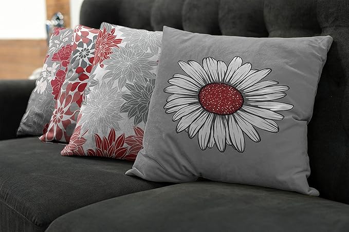 Ambesonne Floral Throw Pillow Cushion Case Pack of 4, Flower Petals Modern Color Palette Chamomile Peony Dahlia and Sunflower Print, Modern Accent Double-Sided Digital Printing, 16", Grey Dark Pink