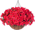 Artificial Fake Hanging Flowers for Outdoors with Basket Faux Plants Silk Bougainvillea Flower in Planter Look Real UV Resistant Faux Flower for Outside Porch Patio Garden Yard Home Decor, Red