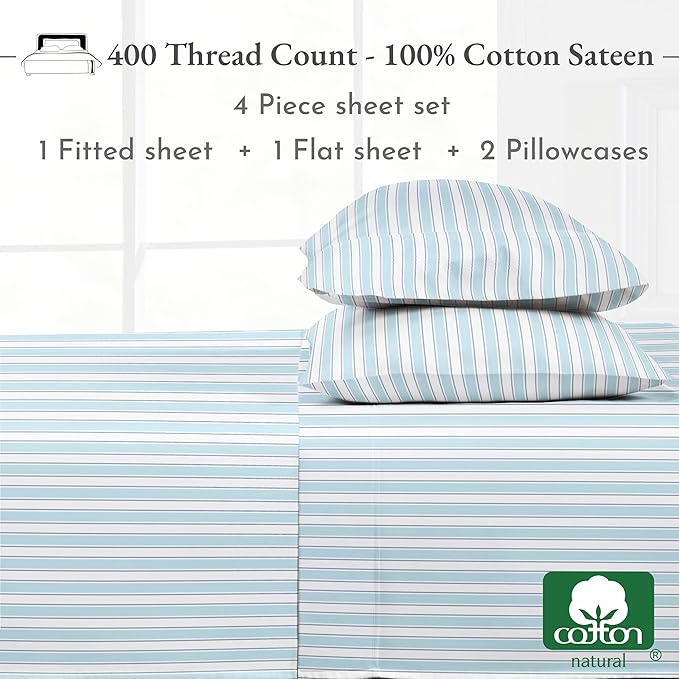 California Design Den Striped King Size Sheets Set - Luxury 400 Thread Count Sateen, Natural 100% Cotton Sheets, Deep Pockets, Cooling and Durable Bedding Set - Cape Stripe