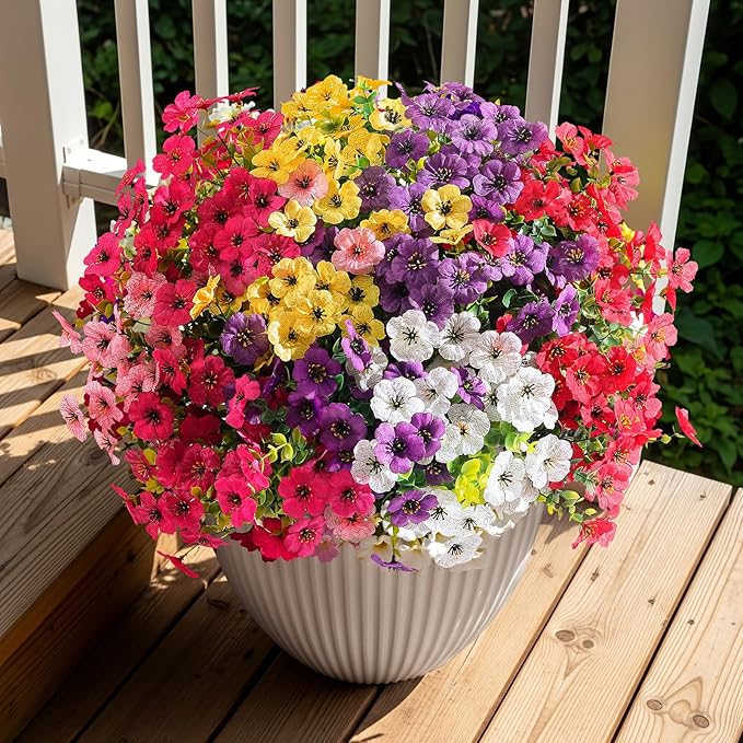 36 Bundles Artificial Flowers for Outdoor Indoor Garden Home Decoration, Look Real for Front Door Porch Patio Yard Balcony, Faux Flower Daisy with Eucalyptus Leaves Fake Plants, 6 Colors