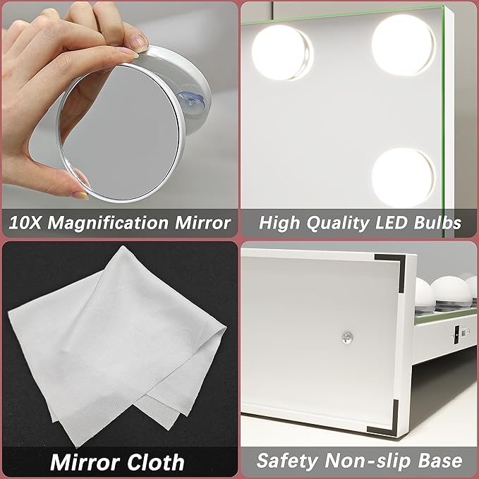 32"x24" Hollywood Vanity Mirror with Lights, 18 Dimmable LED Bulbs, 3 Color Modes, 10X Magnification, USB Charging Port, Tabletop or Wall-Mounted
