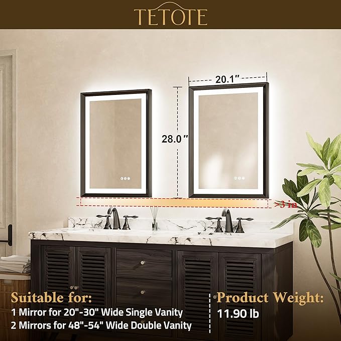 TETOTE Gold LED Mirror for Bathroom 20x28 Metal Frame Frontlit & Backlit Lighted Vanity Mirror Baroque Anti Fog Stepless Dimmable White/Warm/Natural,CRI90+,Wall Mounted(Horizontal/Vertical)