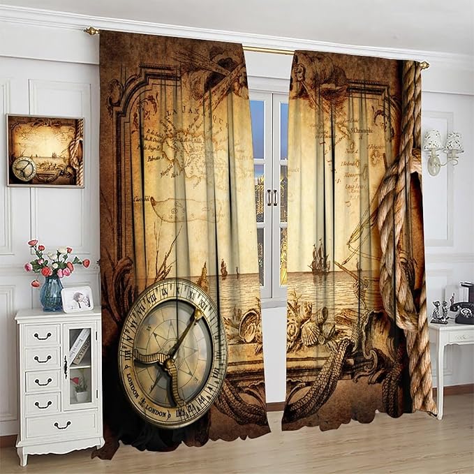 Pirate Map Curtains, Nautical Theme Old Ancient Treasure Map Secret Sea History Pattern Blackout Window Drapes for Kids Boys Bedroom Living Room 42x63in