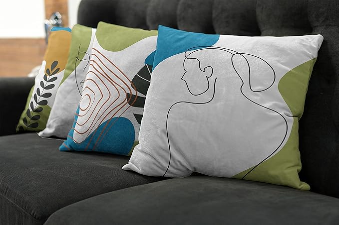 Ambesonne Minimal Throw Pillow Cushion Case Pack of 4, Modern Line Art Woman Portrait with Contemporary Leafy Geometric Details, Modern Accent Double-Sided Digital Printing, 20", Blue Green Marigold